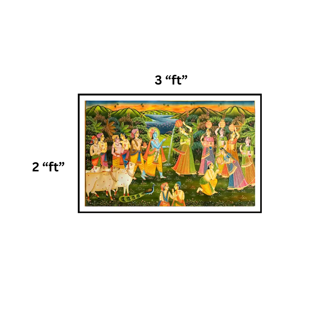 VINTAGE PICHWAI Krishna With Gopis & Gwala for Home & Office Wall Art Decor